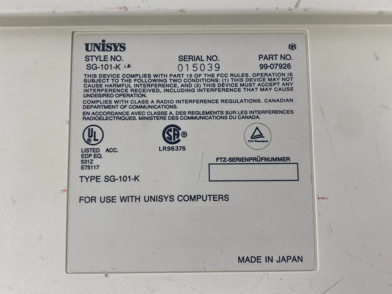 Unisys SG-101-K Keyboard